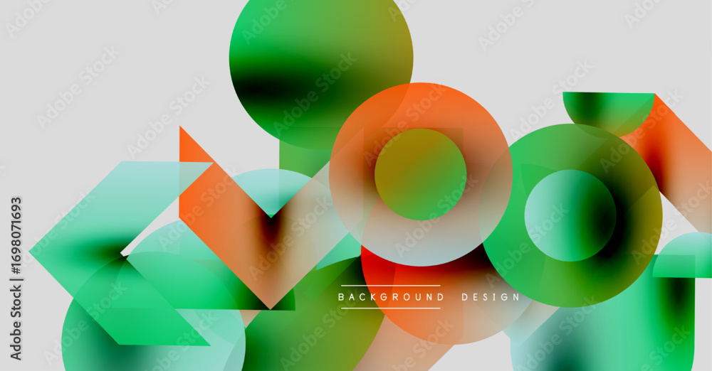 Poster Abstract vibrant shapes overlap. Green, orange hues dominate composition. Modern design elements create dynamic visual effect.