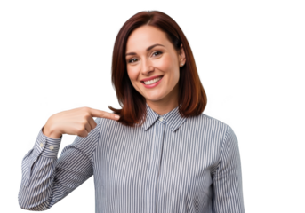 Smiling brunette woman in striped shirt pointing at herself portrait photo png image stock isolated on transparent background