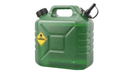 Green fuel can with the flammable warning label for carrying petrol isolated PNG with Transparent Background