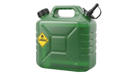 Green fuel can with the flammable warning label for carrying petrol isolated PNG with Transparent Background