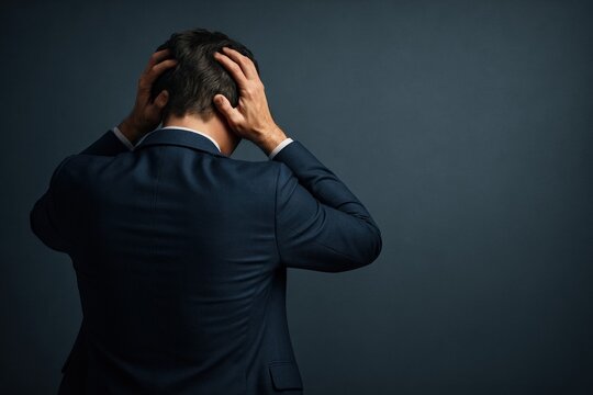 Frustrated businessman in dark blue suit grips his head, conveying anxiety and burnout against a simple, moody grey backdrop during a career crisis