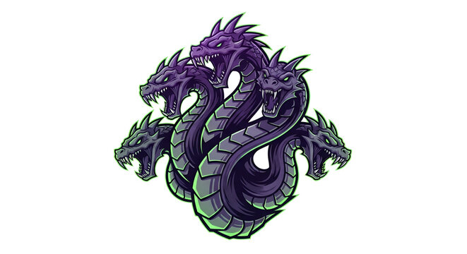 Fierce five-headed hydra serpent monster illustration. A powerful purple mythical beast designed as a fantasy mascot or emblem