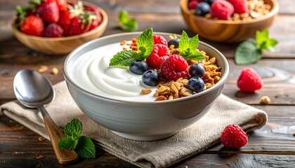 Yogurt parfait with granola and berries on a wooden table (1)
