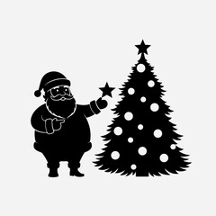 Vector art of santa claus decorating a christmas tree, vector illustration