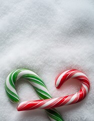 Christmas concept. Top view of red and green candy canes on snow background with copy space. Generated image