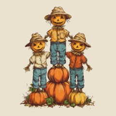 Scarecrows on pumpkins illustration