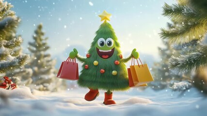 An animated Christmas tree filled with joy celebrates the winter holiday season while carrying bright shopping bags in a snowy landscape. Xmas sales and offers - Powered by Adobe