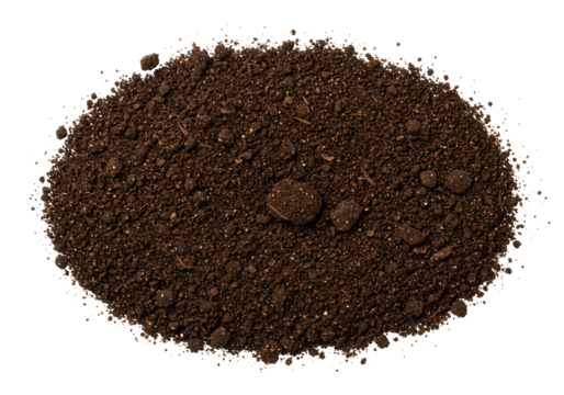 Dark brown soil pile texture top view transparent background