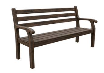 Dark brown wooden park bench with armrests isolated on transparent background