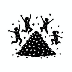 Vector art of silhouette of children jumping into pile of leaves