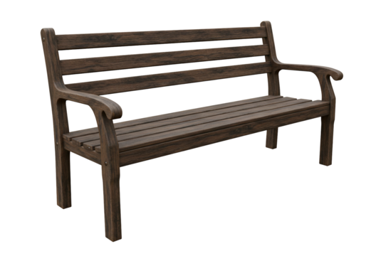 Dark brown wooden park bench with armrests isolated on transparent background
