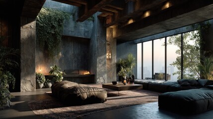 Naklejka premium Luxury loft apartment with natural interior and city view through large windows