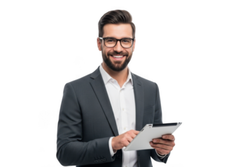 Professional businessman holding tablet computer smiling wearing glasses and suit isolated on transparent background