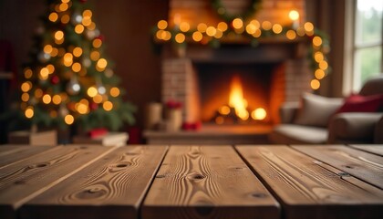 Decorated holiday table by the fireplace with Christmas tree in background, warm winter vibe, copy space.