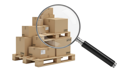 Cardboard boxes on a pallet under a magnifying glass isolated PNG with Transparent Background