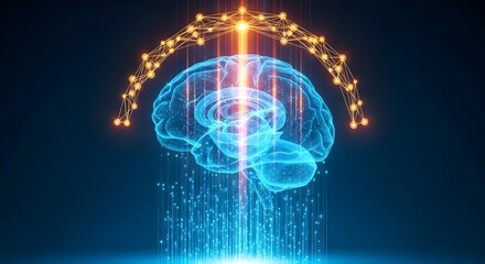 Obraz premium A glowing blue brain with data streams and a network above against a dark blue background image