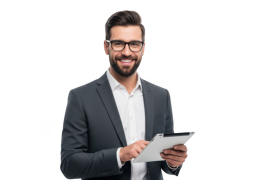 Professional businessman holding tablet computer smiling wearing glasses and suit isolated on transparent background