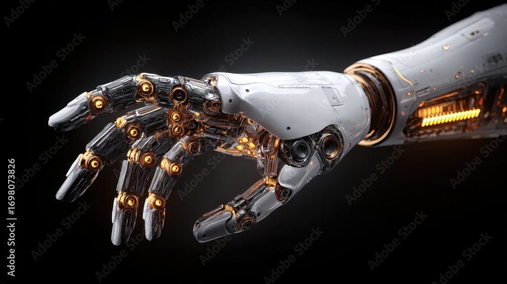 Poster futuristic robotic hand with glowing elements and mechanical design
