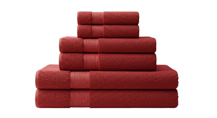 Stacked red towels on white background  plush cotton bath linen set