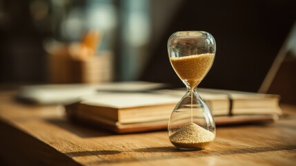 Vintage Time Management Hourglass on Desk Raw Edited Stock Image, Ideal for BusinessFocused Projects and Visual Storytelling, Evoking Sense of Purpose.
