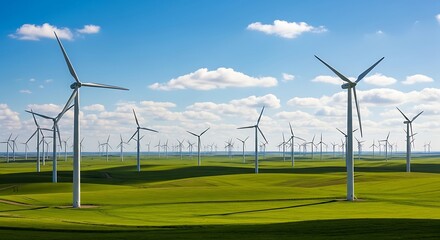 Obraz premium Wind Turbines on Green Field Against Blue Sky Clean Energy Generation