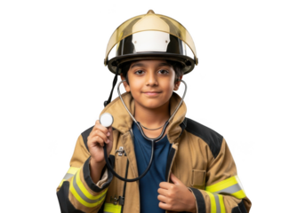 Young boy dressed as firefighter and doctor holding stethoscope, career aspirations, future job, isolated on transparent background