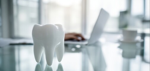 The Tooth Model on Glass Desk with Laptop and Dental Office Background