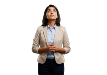 Professional business woman looking upward with hopeful expression in beige blazer isolated on transparent background