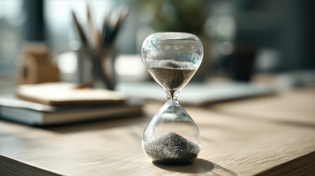 Timeless Time Management Hourglass on Desk, Artistic Raw Edges, Encapsulating Focus and Productivity.