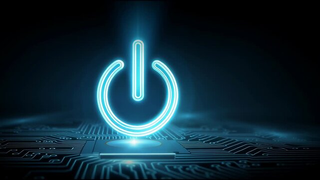 Glowing power button hovering over a futuristic circuit board in a dark room at night