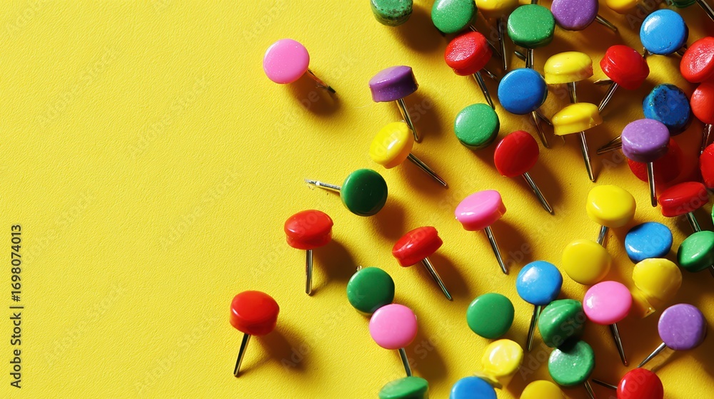 Poster vibrant array of multicolored thumbtacks spread across a yellow background ideal for creative and li