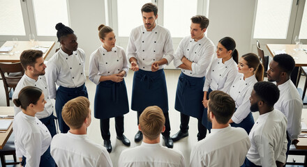 Head Chef Conducting a Pre-Service Briefing with His Diverse Culinary Team
