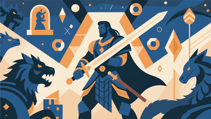 illustration of a legendary warrior holding a sword with monsters surrounding him vector design template