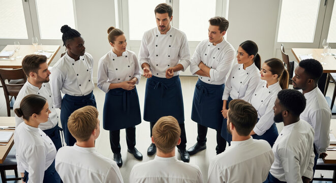 Head Chef Conducting a Pre-Service Briefing with His Diverse Culinary Team