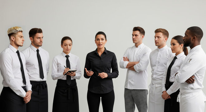 Restaurant manager briefing staff before service
