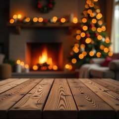 Winter holiday table scene with festive Christmas tree and fireplace, space for copy. 