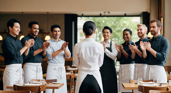 Restaurant staff applauding team member in uniform
