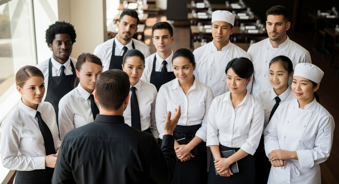 Restaurant manager addressing servers and chefs before shift - Powered by Adobe
