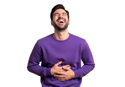Laughing man holding stomach vector illustration, joyful expression, happy person, isolated portrait, emotional reaction, png image isolated on transparent background