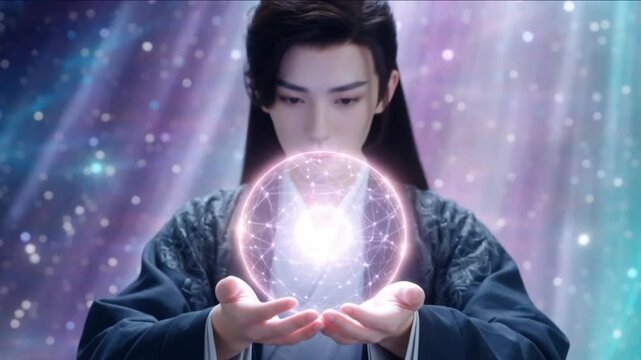 Mystical glowing energy orb in hands with pastel purple turquoise ethereal aura
