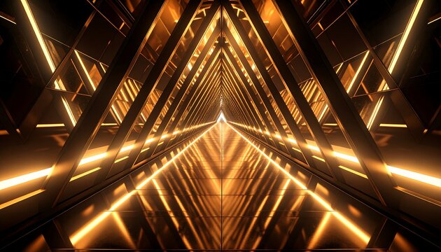 A glowing triangular tunnel illuminated by warm light, reflections on a smooth floor. Geometric and futuristic aesthetic
