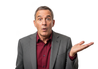 Surprised businessman with open hand gesture, questioning expression, wearing suit, isolated on transparent background