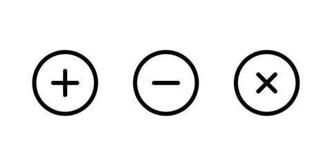 Circle button icons set, plus symbol, minus sign, cross mark, user interface collection, media control elements, simple outline design, minimal black icons, Vector illustration