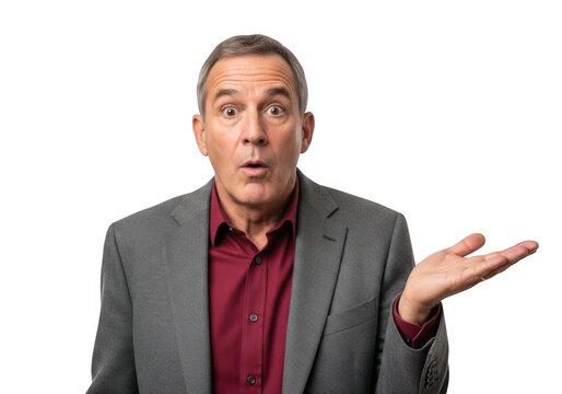 Surprised businessman with open hand gesture, questioning expression, wearing suit, isolated on transparent background