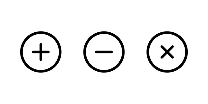 Circle button icons set, plus symbol, minus sign, cross mark, user interface collection, media control elements, simple outline design, minimal black icons, Vector illustration