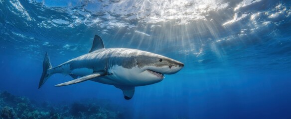 Fototapeta premium The great white shark swimming beneath sunlit surface in clear blue ocean