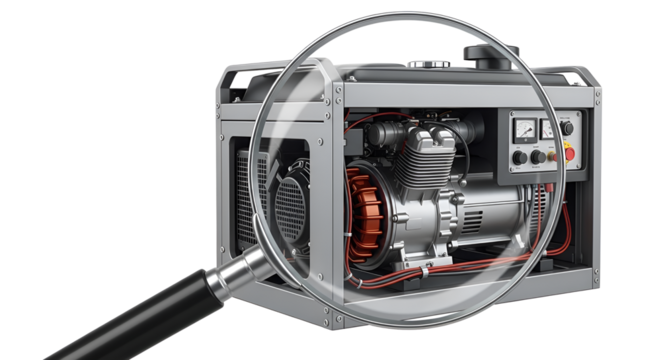 Portable generator seen through magnifying glass isolated PNG with Transparent Background
