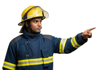 Fototapeta premium Firefighter pointing rescue emergency safety hero uniform profession job occupation fireman isolated on transparent background