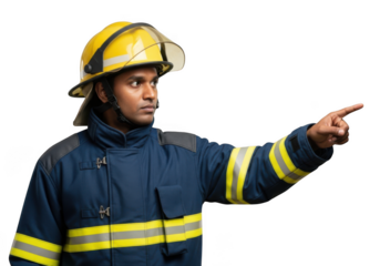 Firefighter pointing rescue emergency safety hero uniform profession job occupation fireman isolated on transparent background