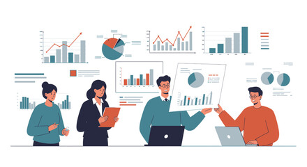 Four professionals review analytics data with various graphs and charts in the background